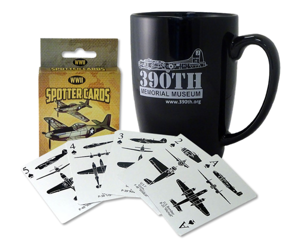 390th logo coffee cup and spotter cards