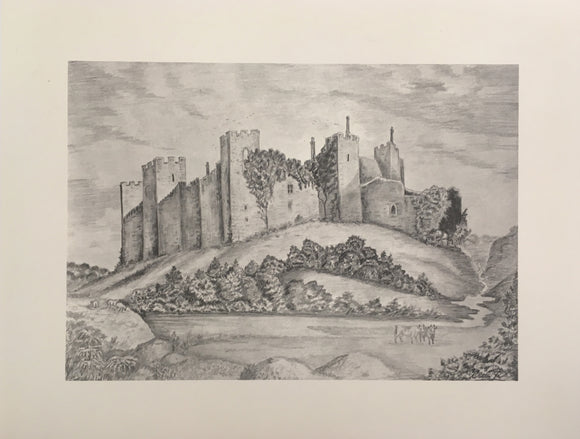 black and white picture shows a castle on a hill