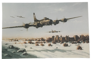 image is postcard with B-17's flying over a castle covered with snow