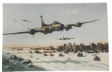 image is postcard with B-17's flying over a castle covered with snow